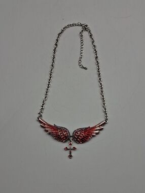 Angel Wing Cross Pendant Necklace - Red Silver